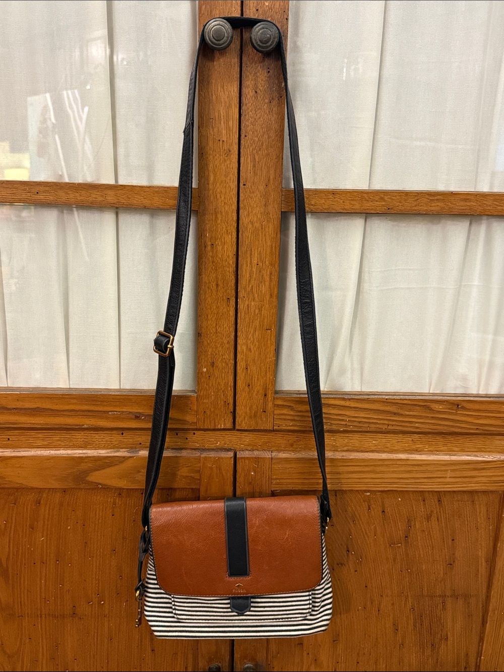 Fossil Brown Leather-Flap Crossbody with Black Strap and Black-White Stripe Body